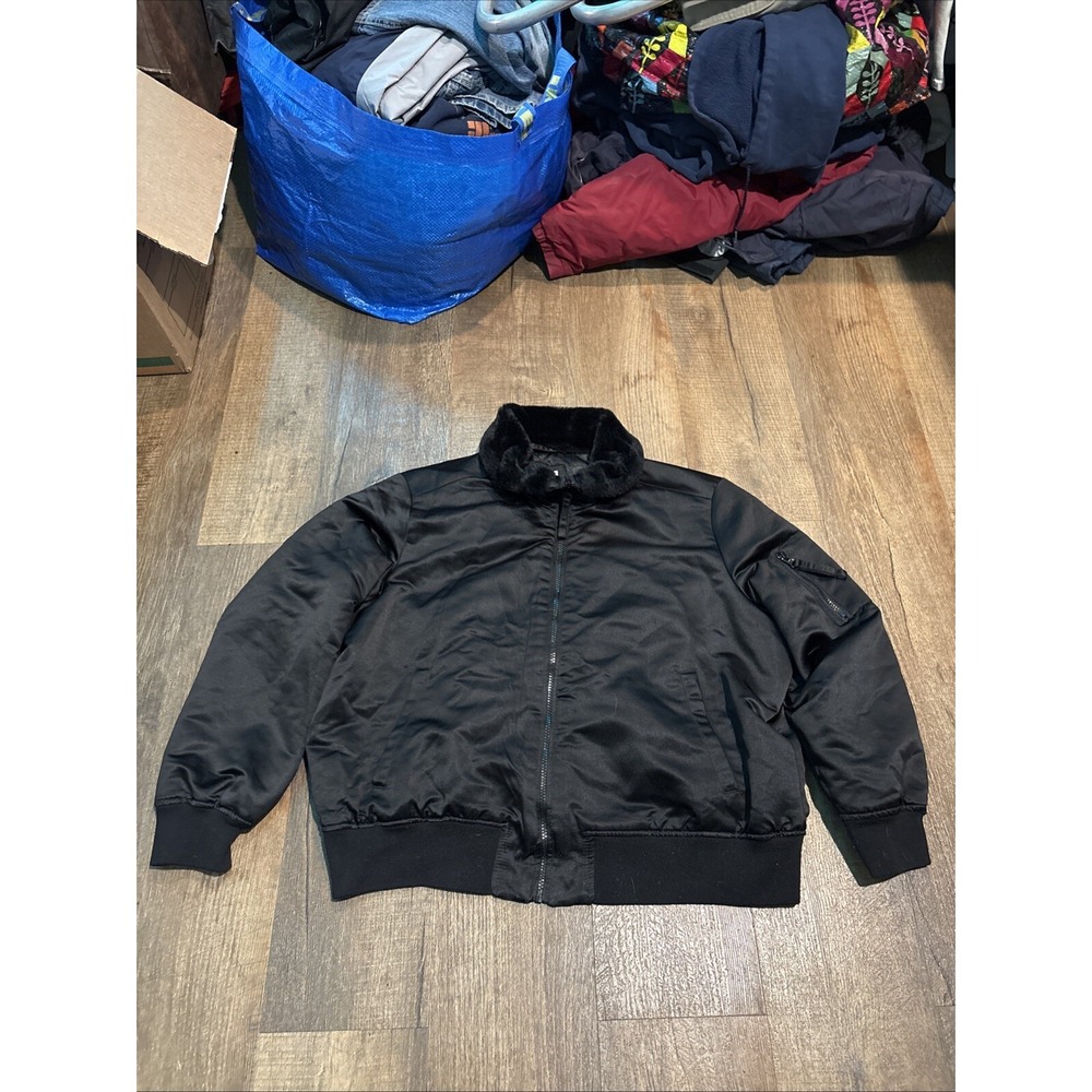 Gap MA-1 Flight Fur Lined Bomber Jacket Mens XL Black Full Zip Retro Nylon RARE